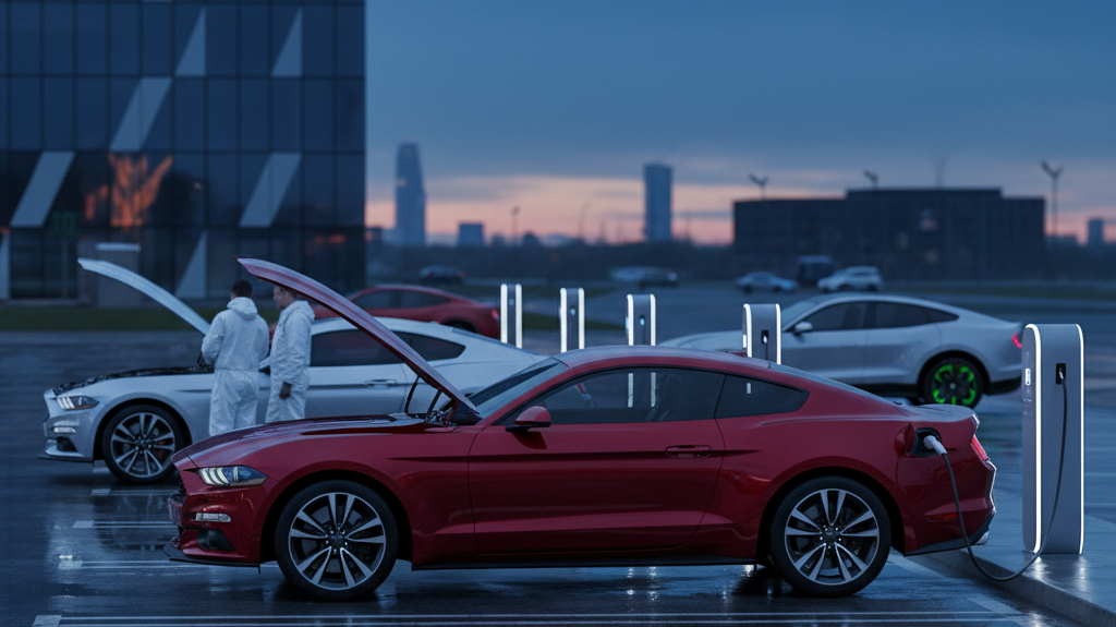 Editorial, photo-realistic HERO for an automotive daily news article titled "Ford Mustang Faces Recall While Hybrid Version in Development – Daily Car