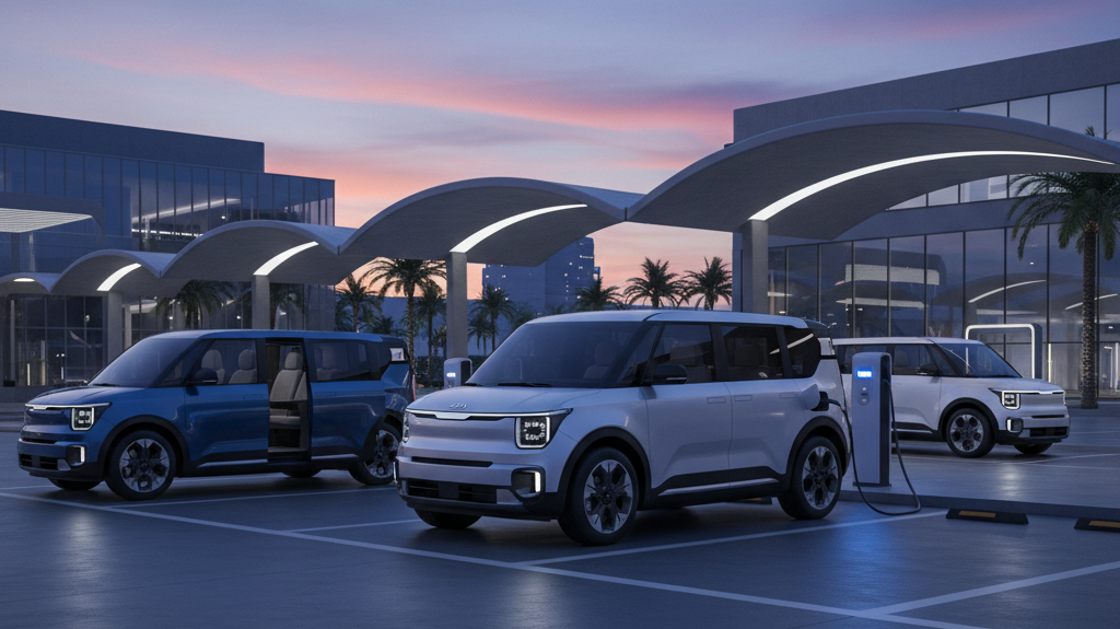 Editorial, photo-realistic HERO for an automotive daily news article titled "Kia PV5 Quick Drive Review – Daily Car News (2025-10-11)". Depict ONLY br