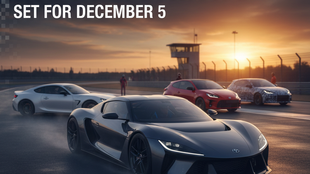 Editorial, photo-realistic HERO for an automotive daily news article titled "Toyota GR GT Supercar Debut Set for December 5 – Daily Car News (2025-10-