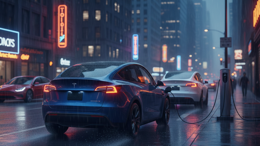 Editorial, photo-realistic HERO for an automotive daily news article titled "Tesla Model Y Surges to Global Sales Champion – Daily Car News (2025-11-0