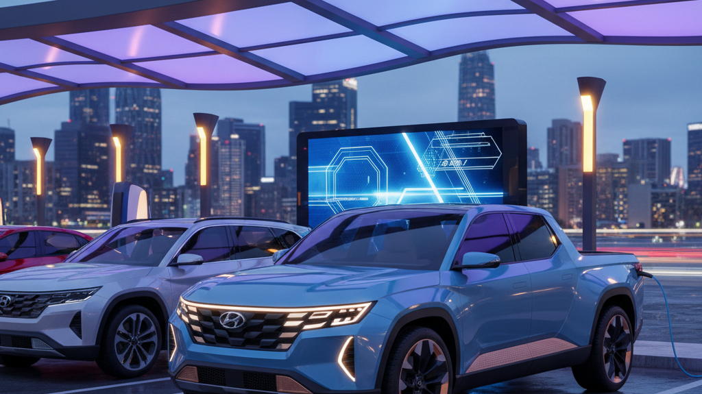 Editorial, photo-realistic HERO for an automotive daily news article titled "Hyundai Midsize Pickup Teased as 'Mind-Blowing' – Daily Car News (2025-11