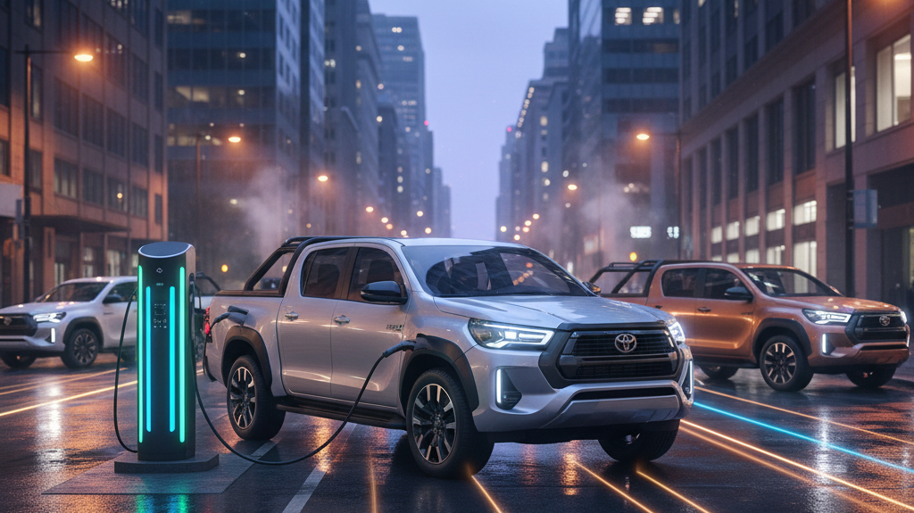 Editorial, photo-realistic HERO for an automotive daily news article titled "Toyota HiLux EV Aims for Urban Utility – Daily Car News (2025-11-12)". De