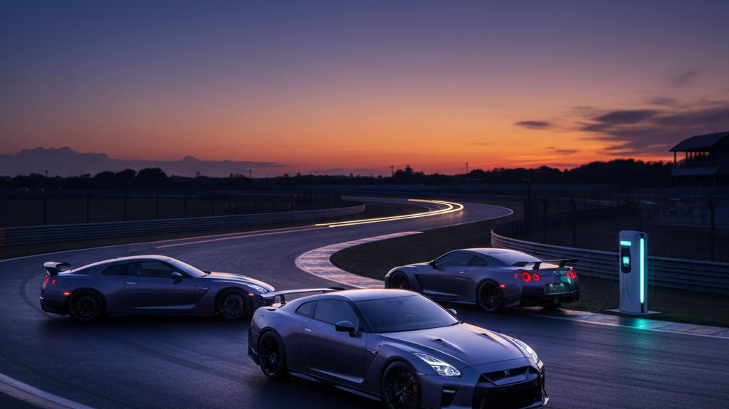 Editorial, photo-realistic HERO for an automotive daily news article titled "Nissan GT-R Explores New Powertrain Directions – Daily Car News (2025-11-