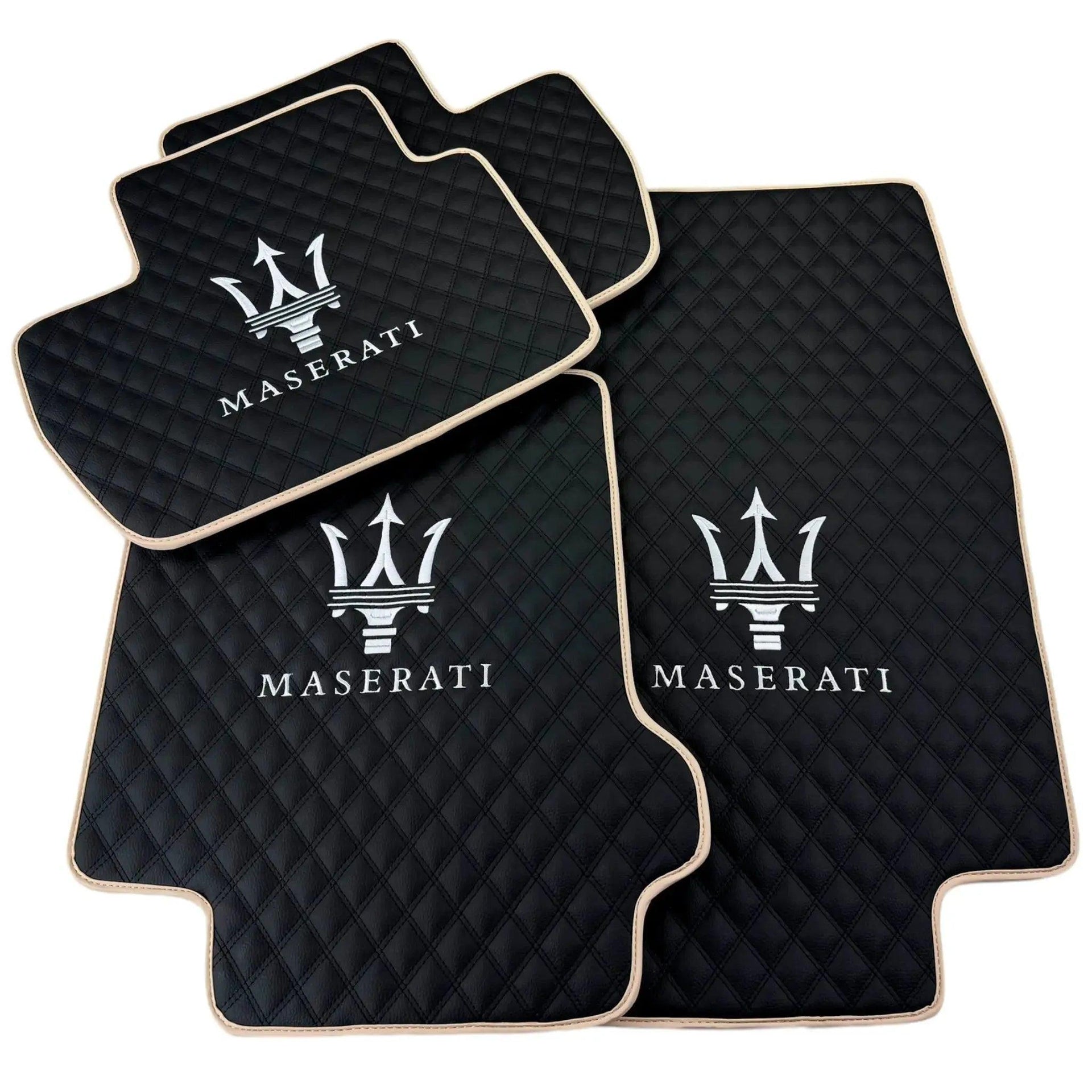 Black Stitched Leather Floor Mats with Logo for Maserati GranTurismo MC (2009-2010) | Beige Trim - AutoWin