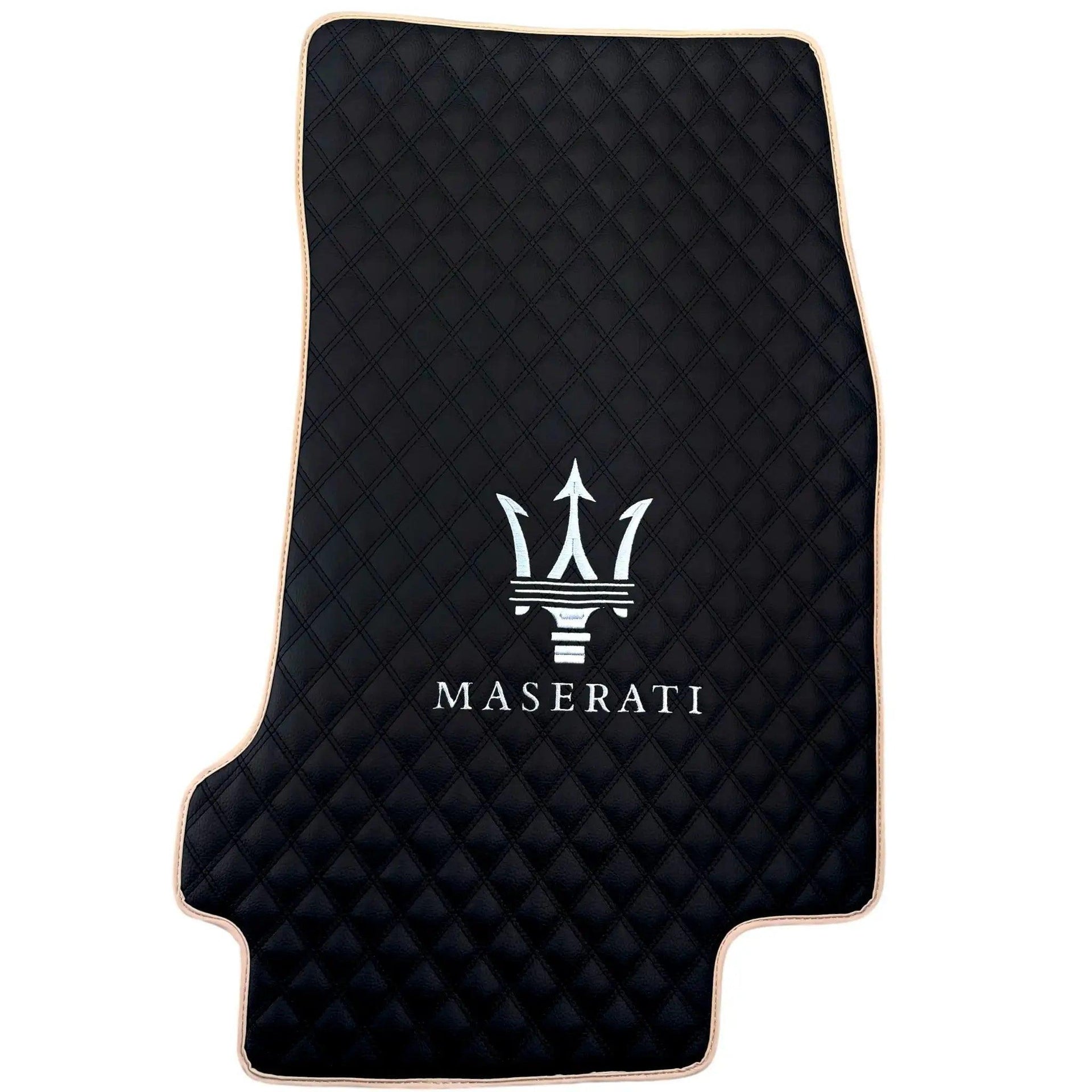 Black Stitched Leather Floor Mats with Logo for Maserati GranTurismo MC (2009-2010) | Beige Trim - AutoWin
