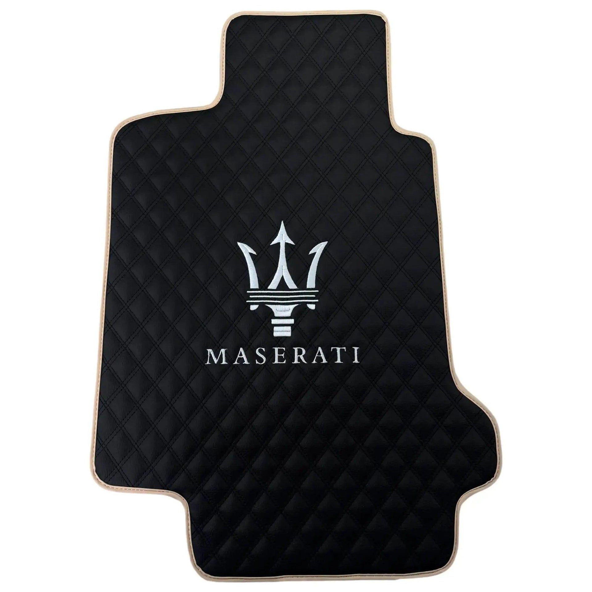 Black Stitched Leather Floor Mats with Logo for Maserati GranTurismo MC (2009-2010) | Beige Trim - AutoWin