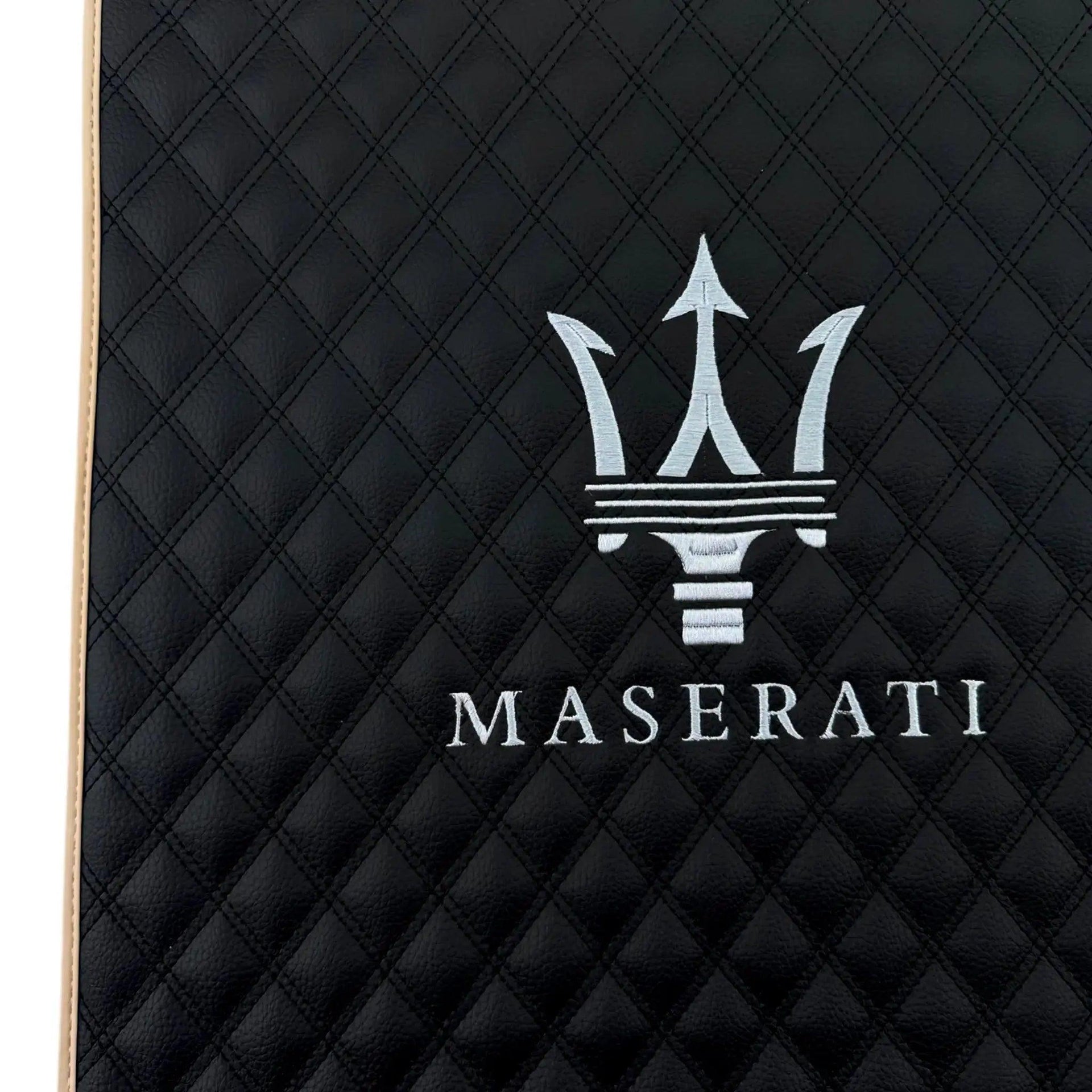 Black Stitched Leather Floor Mats with Logo for Maserati GranTurismo MC (2009-2010) | Beige Trim - AutoWin