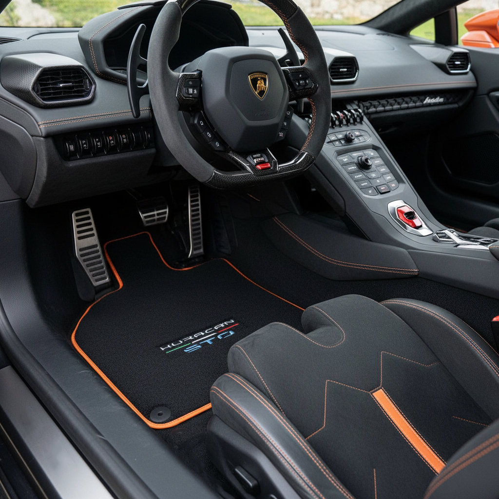 Customizable Floor Mats From Carpet with Leather A56 Pattern for Lamborghini Huracan STO (2021-2024) - AutoWin