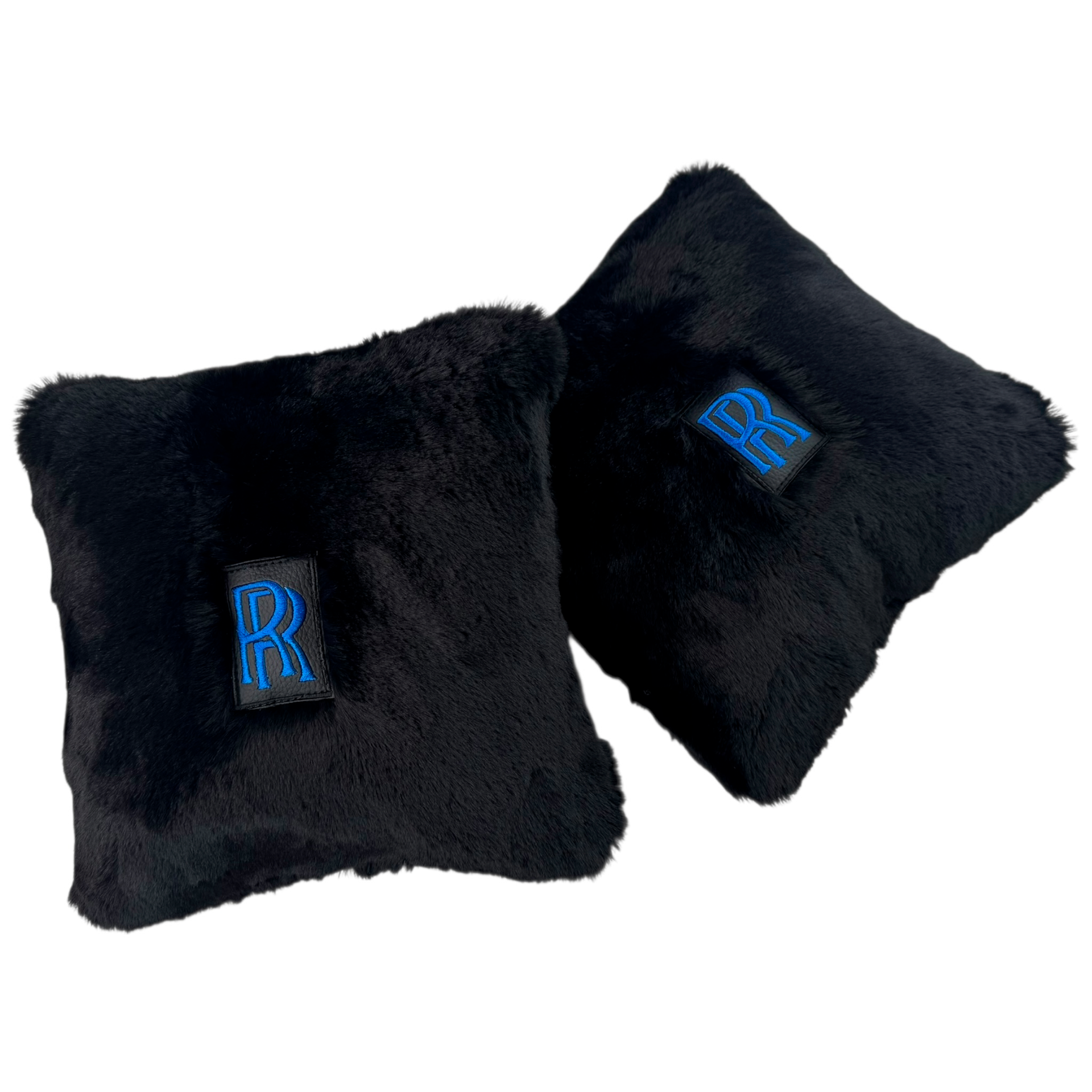 Black Sheepskin Pillows Design Set of 2 for Rolls-Royce Vehicles - Blue Logo