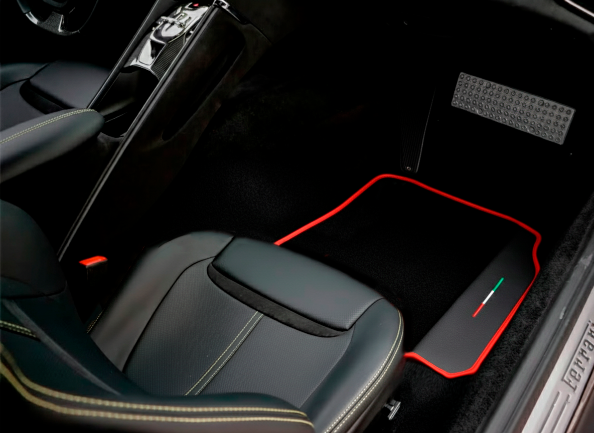 Black Floor Mats For Ferrari GTC4 Lusso (2016-2023) with Leather and Red Trim - AutoWin