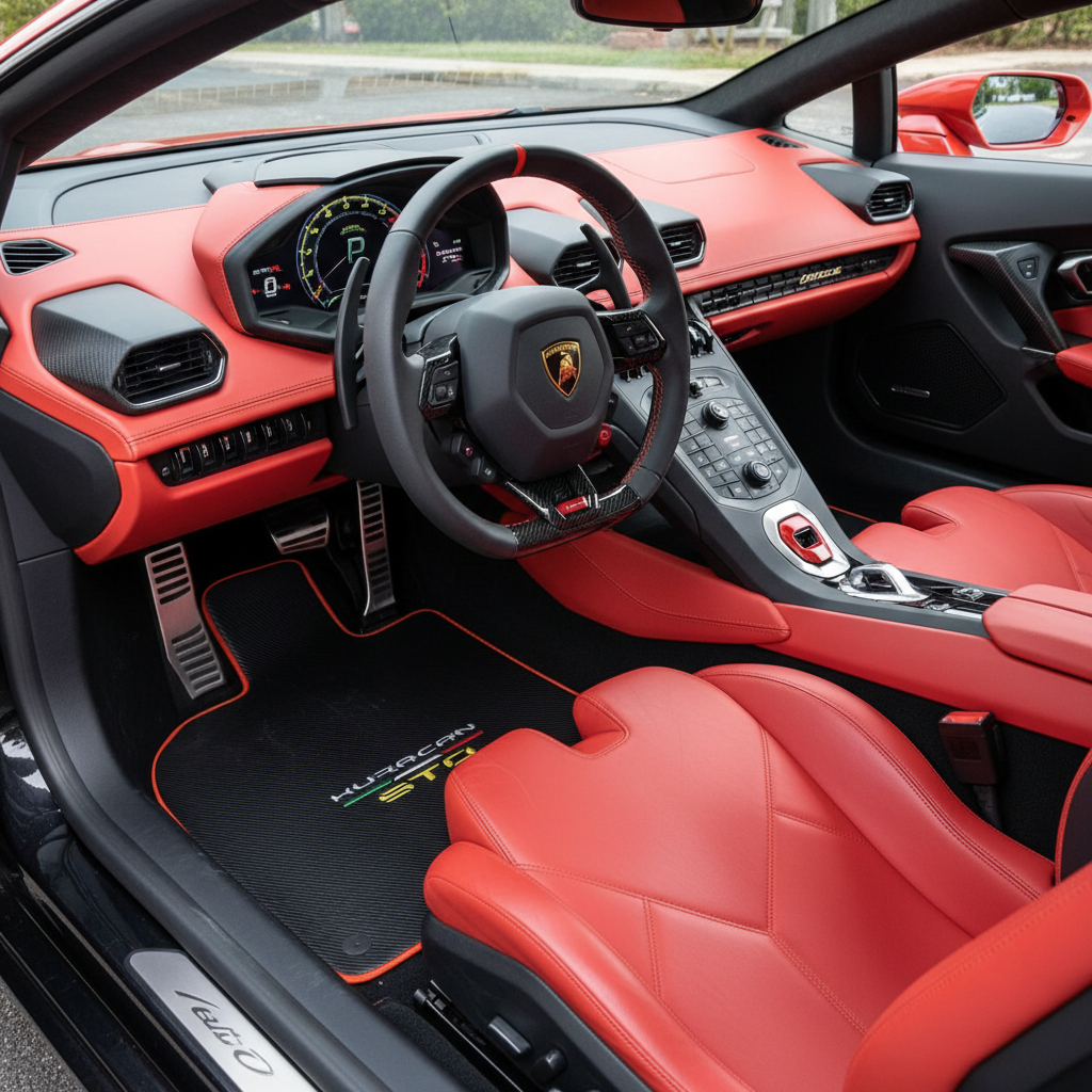 Customizable Floor Mats From Carpet with Leather A56 Pattern for Lamborghini Huracan STO (2021-2024) - AutoWin