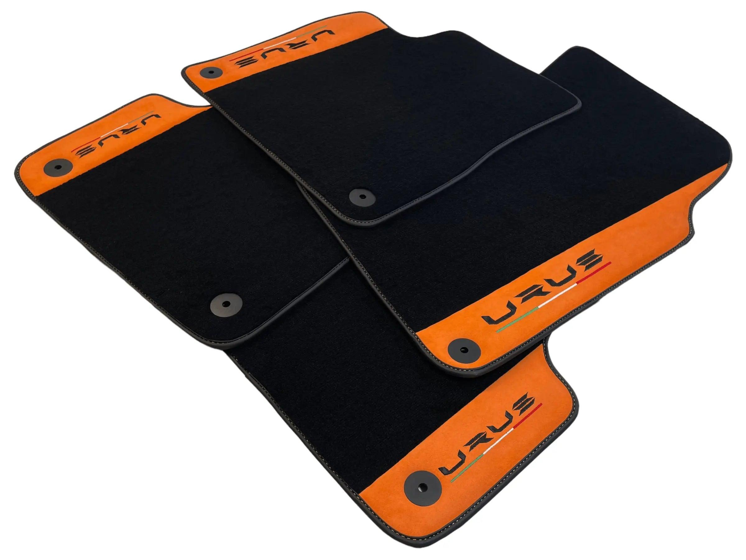 Black Floor Mats For Lamborghini Urus With Orange Alcantara Leather - AutoWin