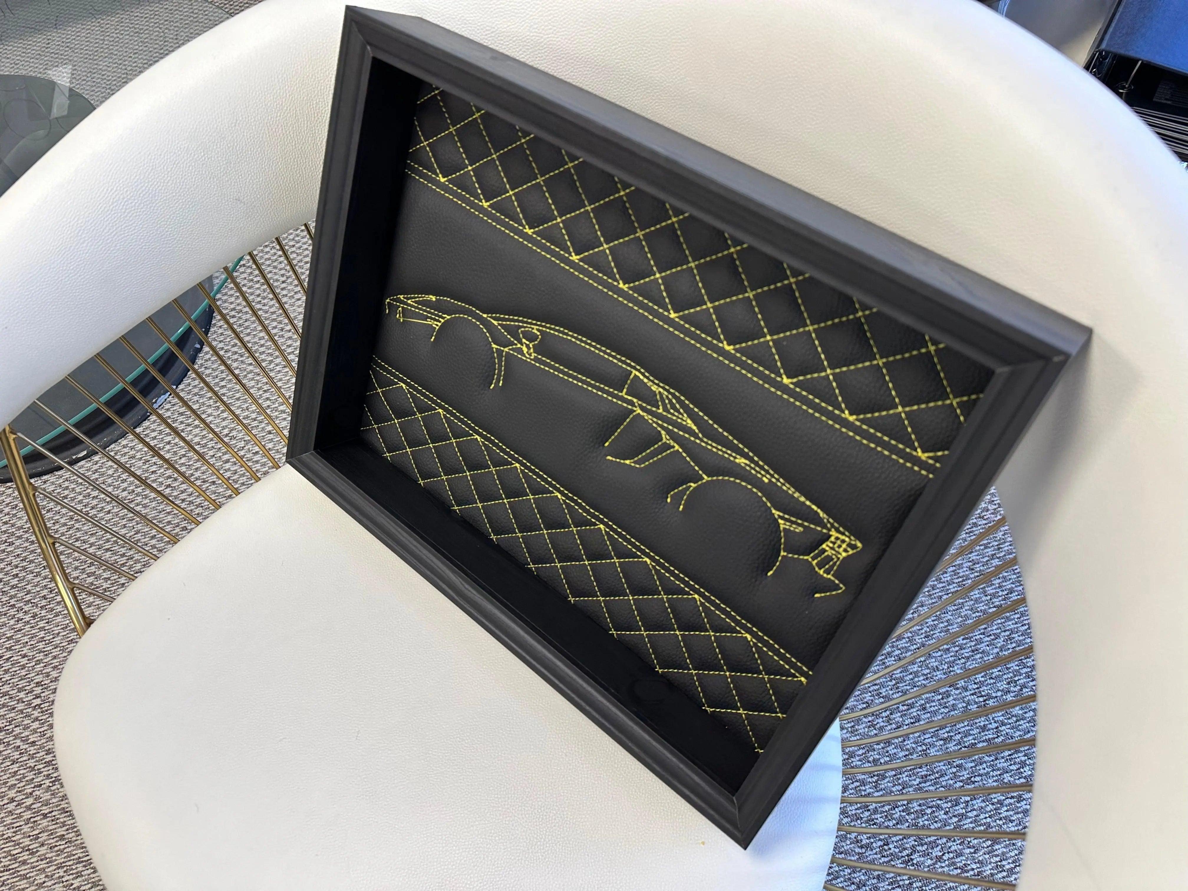 Black Leather Lamborghini Aventador Inspired Wall Art: Embroidered Yellow Stitch - AutoWin
