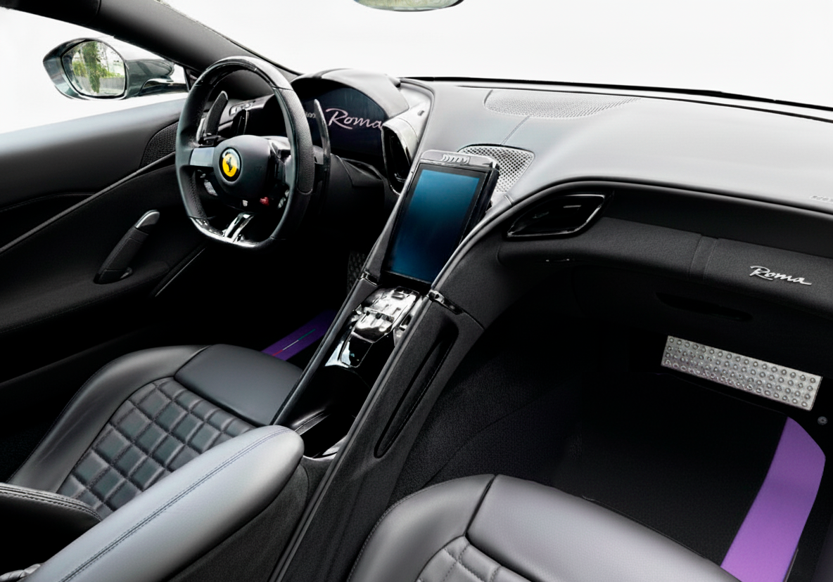 Black Floor Mats for Ferrari Roma (2021-2024) with Purple Leather - AutoWin