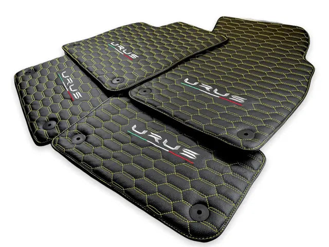 Floor Mats For Lamborghini Urus Leather Yellow Stitching - AutoWin