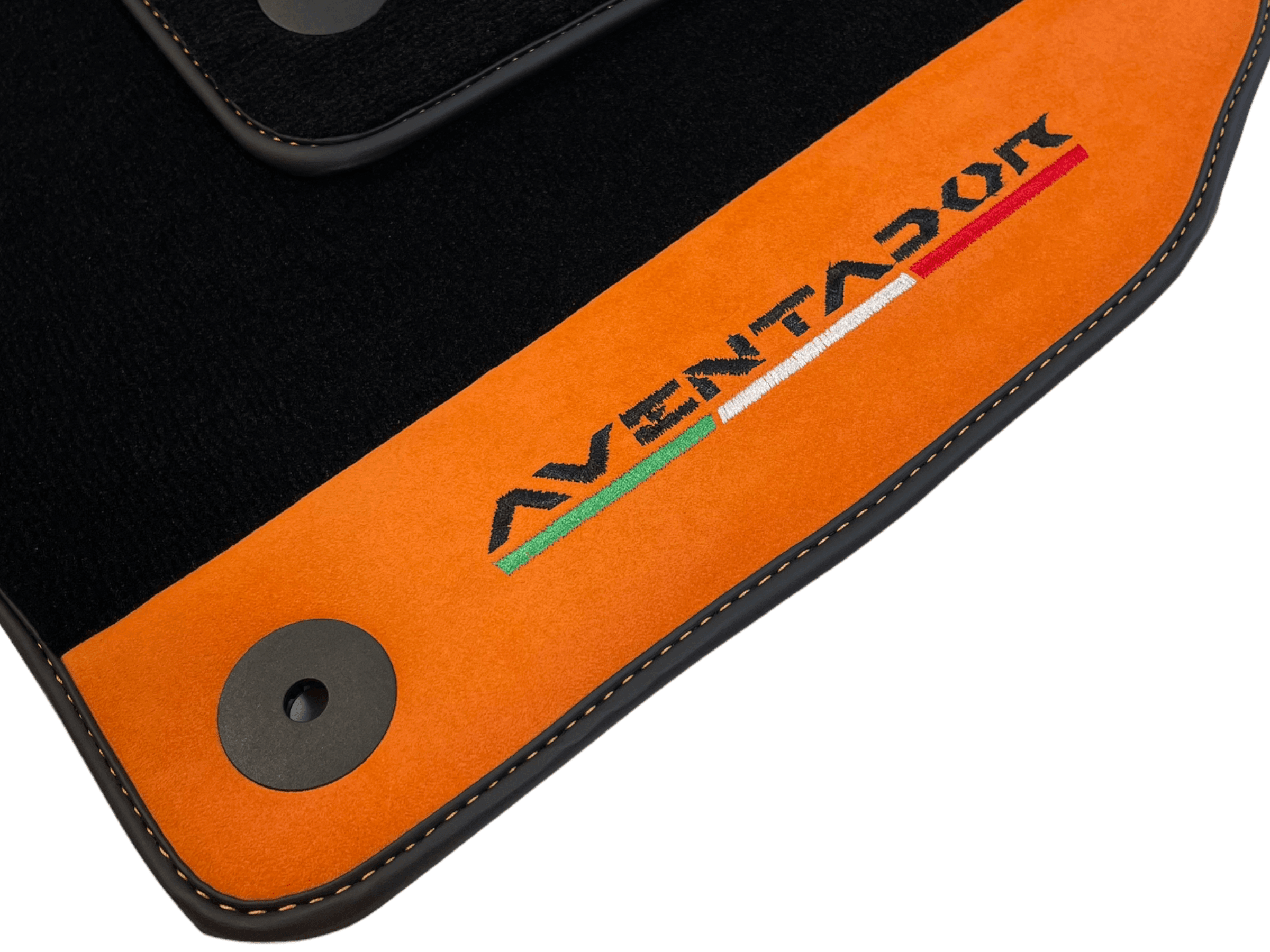 Black Floor Mats for Lamborghini Aventador With Orange Alcantara Leather - AutoWin