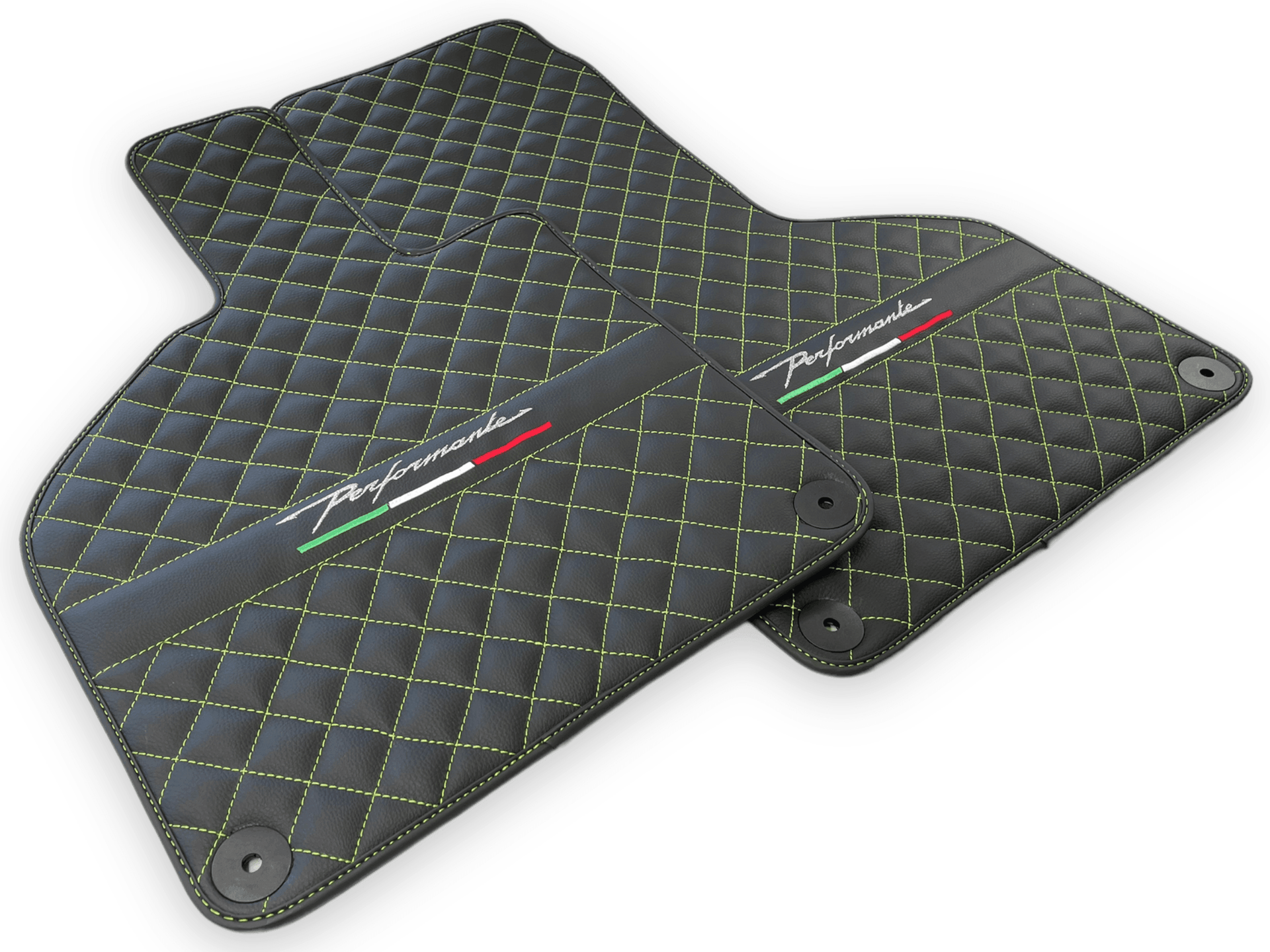 Black Leather Floor Mats for Lamborghini Huracan Perfomante | Green Stitching - AutoWin