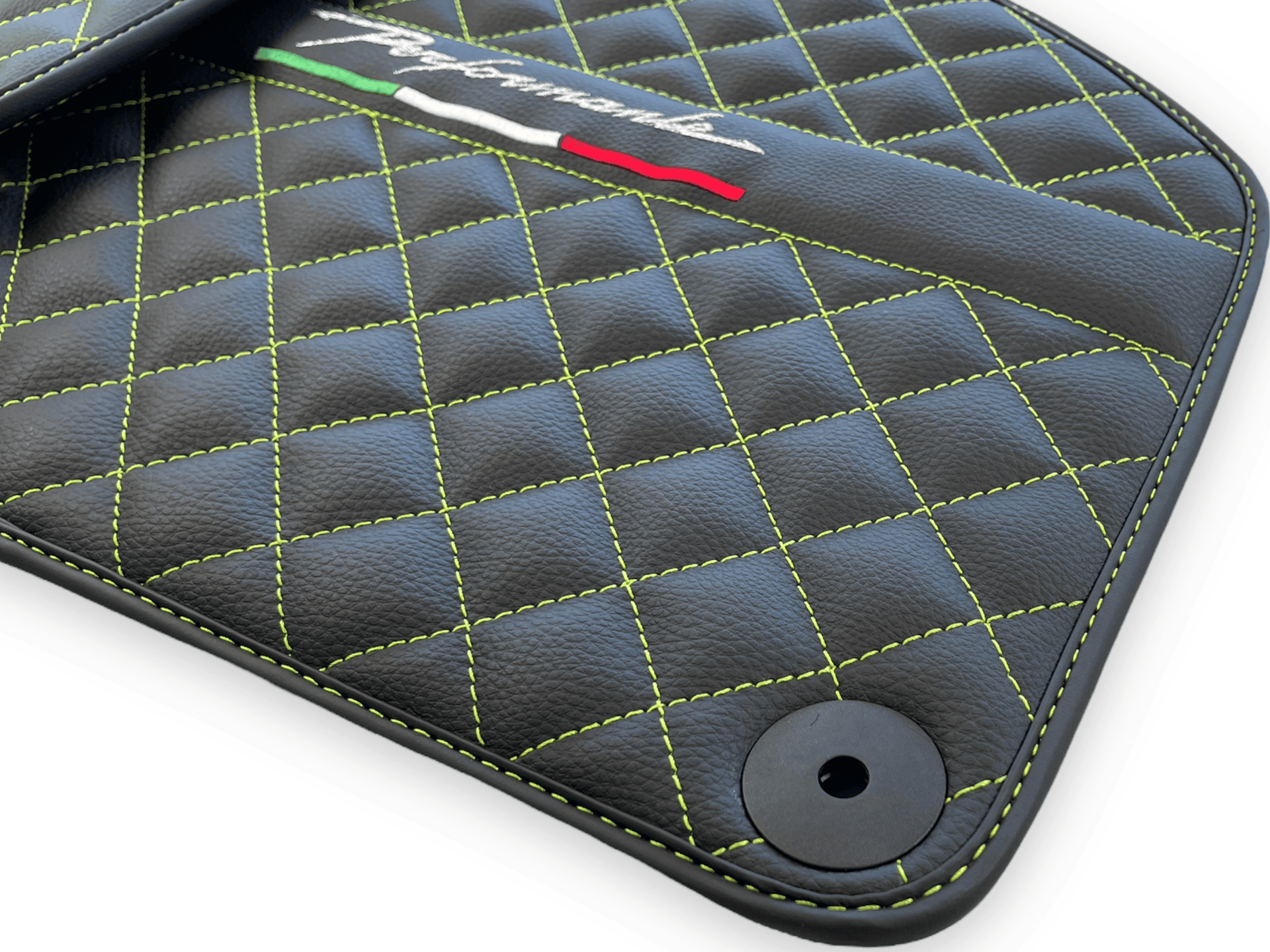 Black Leather Floor Mats for Lamborghini Huracan Perfomante | Green Stitching - AutoWin