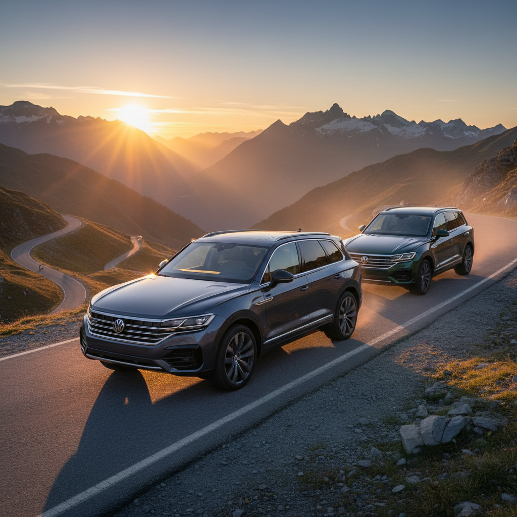 Editorial, photo-realistic HERO for an automotive daily news article titled "Volkswagen Touareg Wolfsburg Edition Launches as Final Curtain Call – Dai
