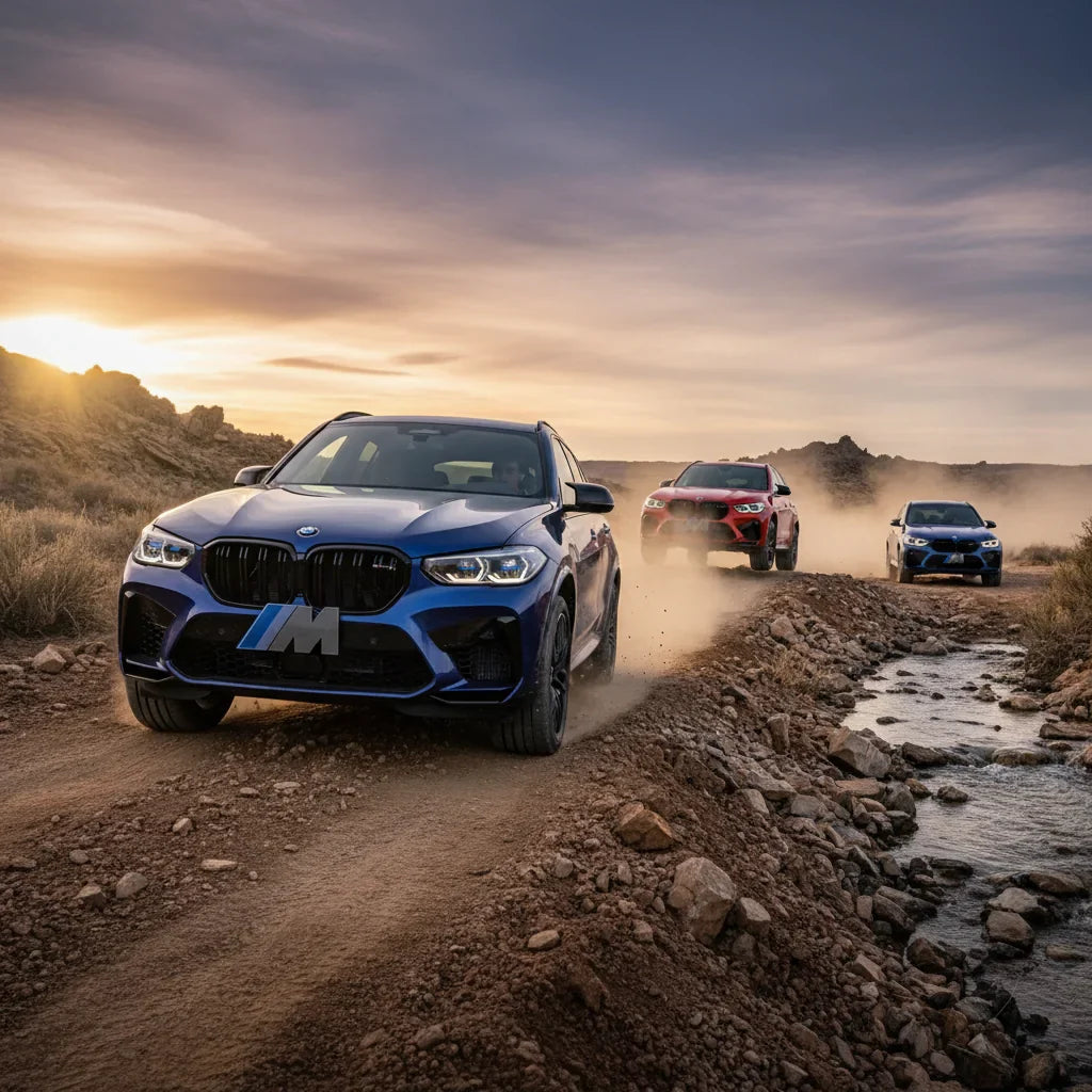 Editorial photo-realistic HERO image for automotive news (2026-02-18). Feature BMW vehicles specifically BMW M. Scene: A rugged terrain where a BMW M 