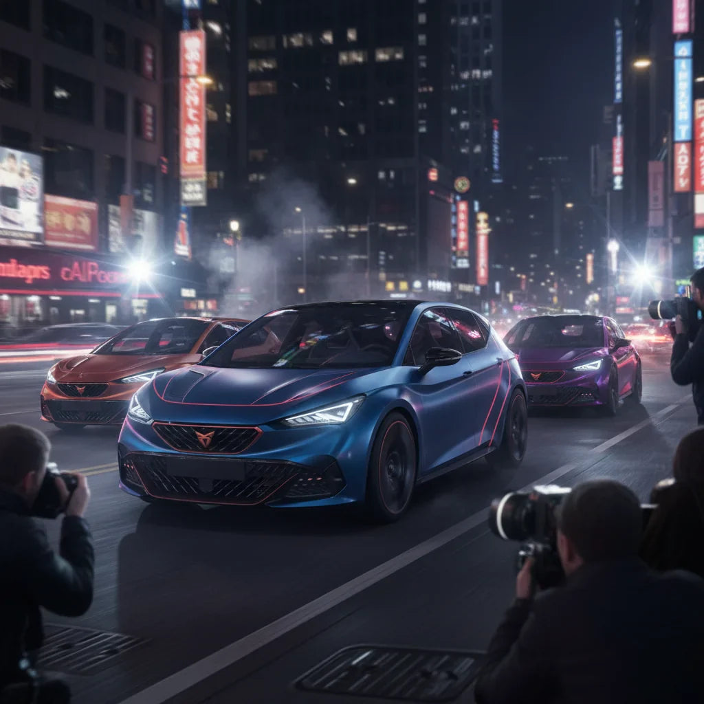 Editorial photo-realistic HERO image for automotive news (2026-02-27). Feature Cupra vehicles specifically Raval EV. Scene: A dynamic urban setting sh