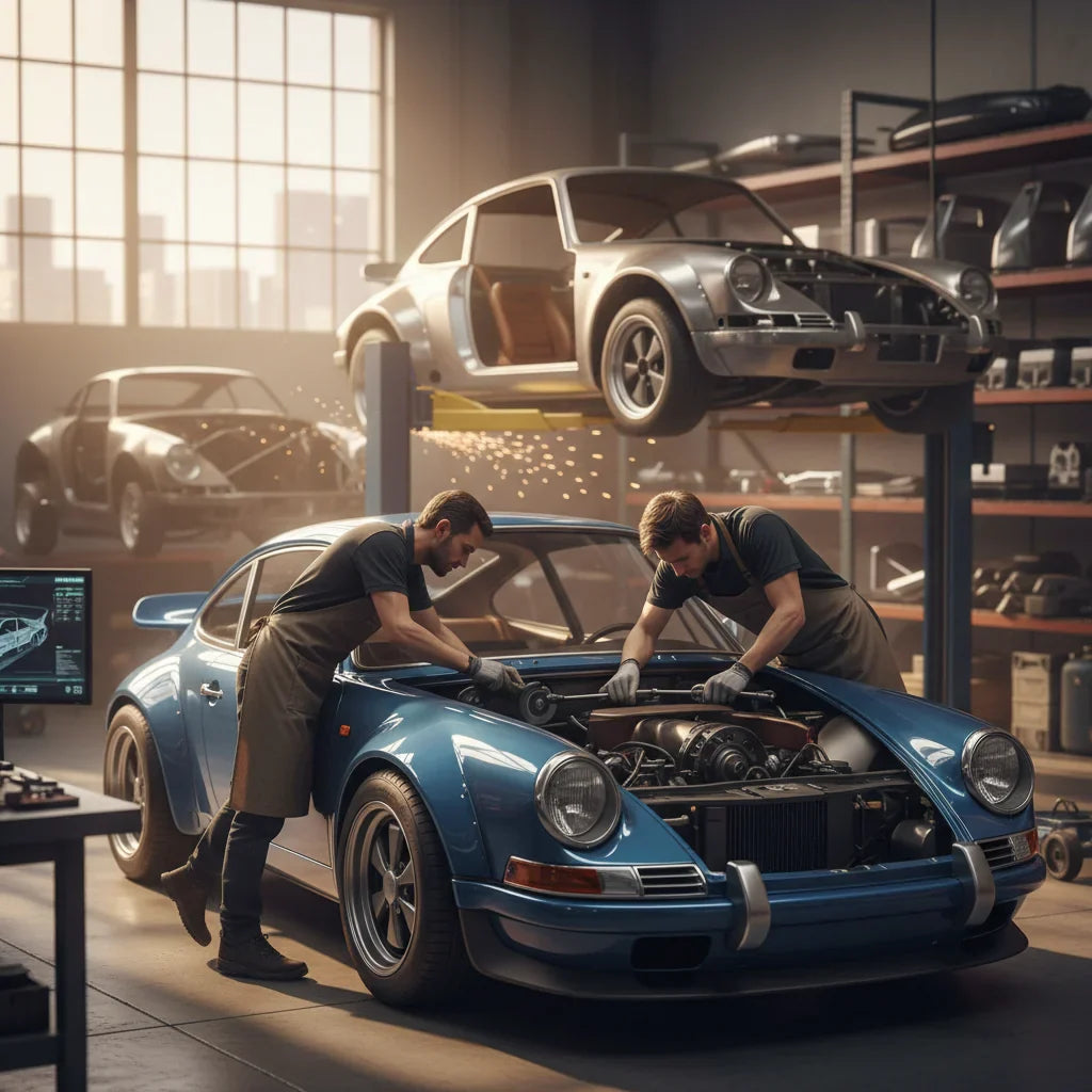 Editorial photo-realistic HERO image for automotive news (2026-03-28). Feature Singer vehicles specifically specific model names not mentioned. Scene: