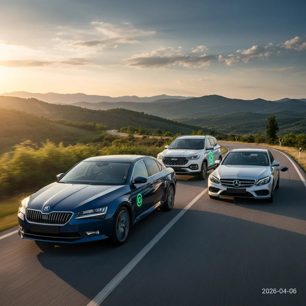 Editorial photo-realistic HERO image for automotive news (2026-04-06). Feature Skoda and Mercedes and Chery vehicles specifically Skoda Superb PHEV, M