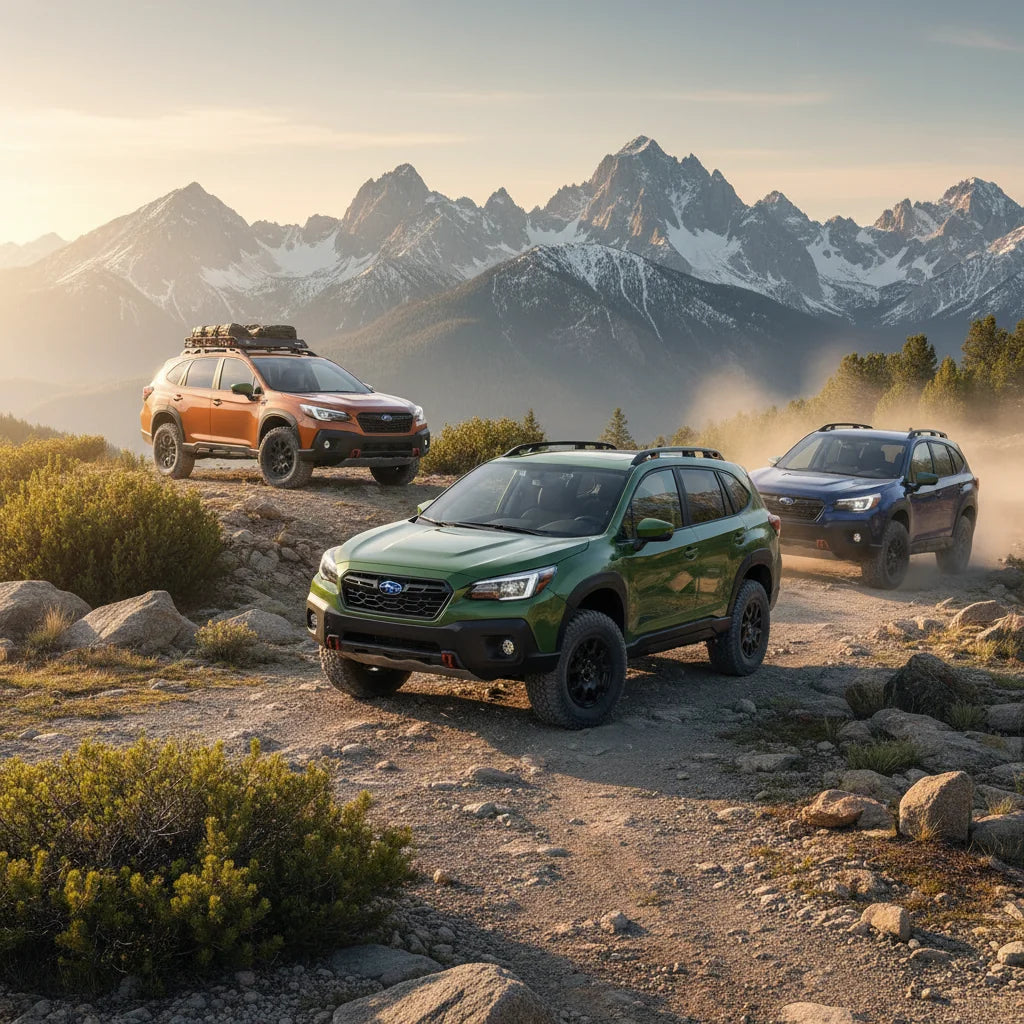 Editorial photo-realistic HERO image for automotive news (2026-04-10). Feature Subaru vehicles specifically 2026 Subaru Trailseeker. Scene: The 2026 S