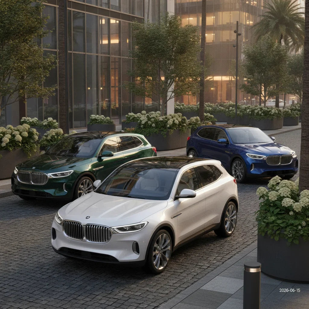 Editorial photo-realistic HERO image for automotive news (2026-06-15). Feature CarExpert vehicles specifically Best Luxury Small SUV. Scene: A luxurio