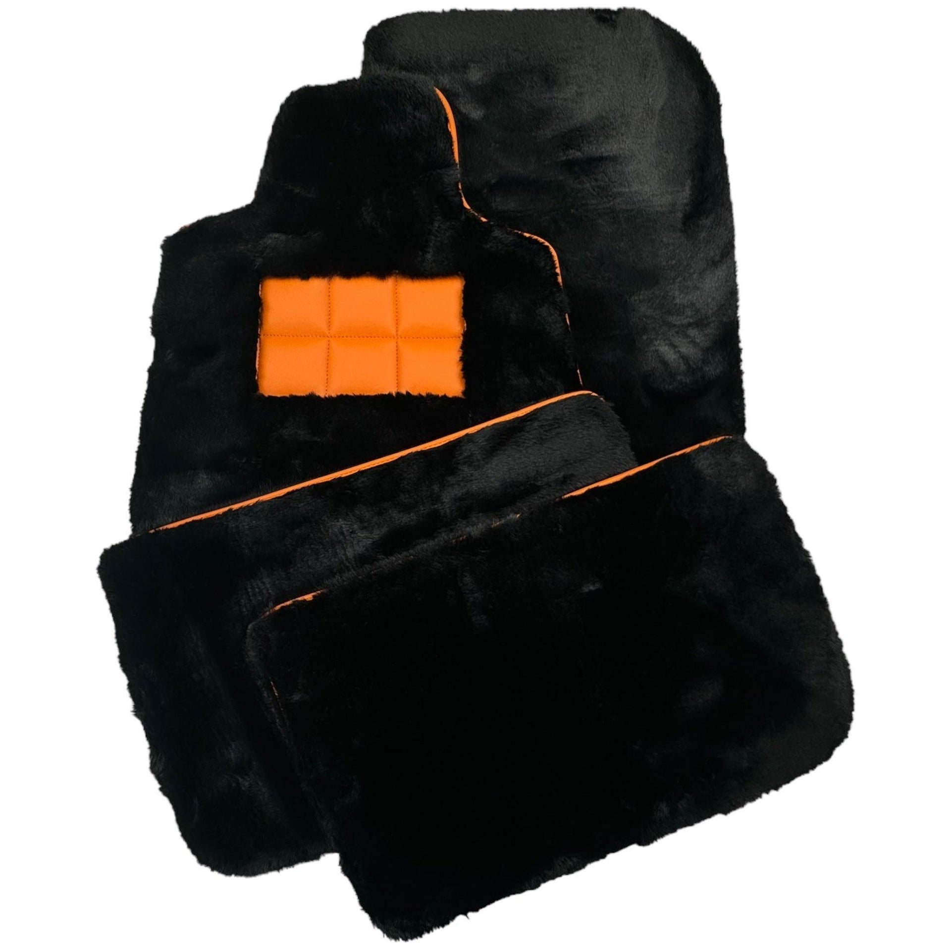 Black Sheepskin Floor Mats for Rolls-Royce Phantom Drophead Coupe (2007-2016) Orange Leather Trim - AutoWin
