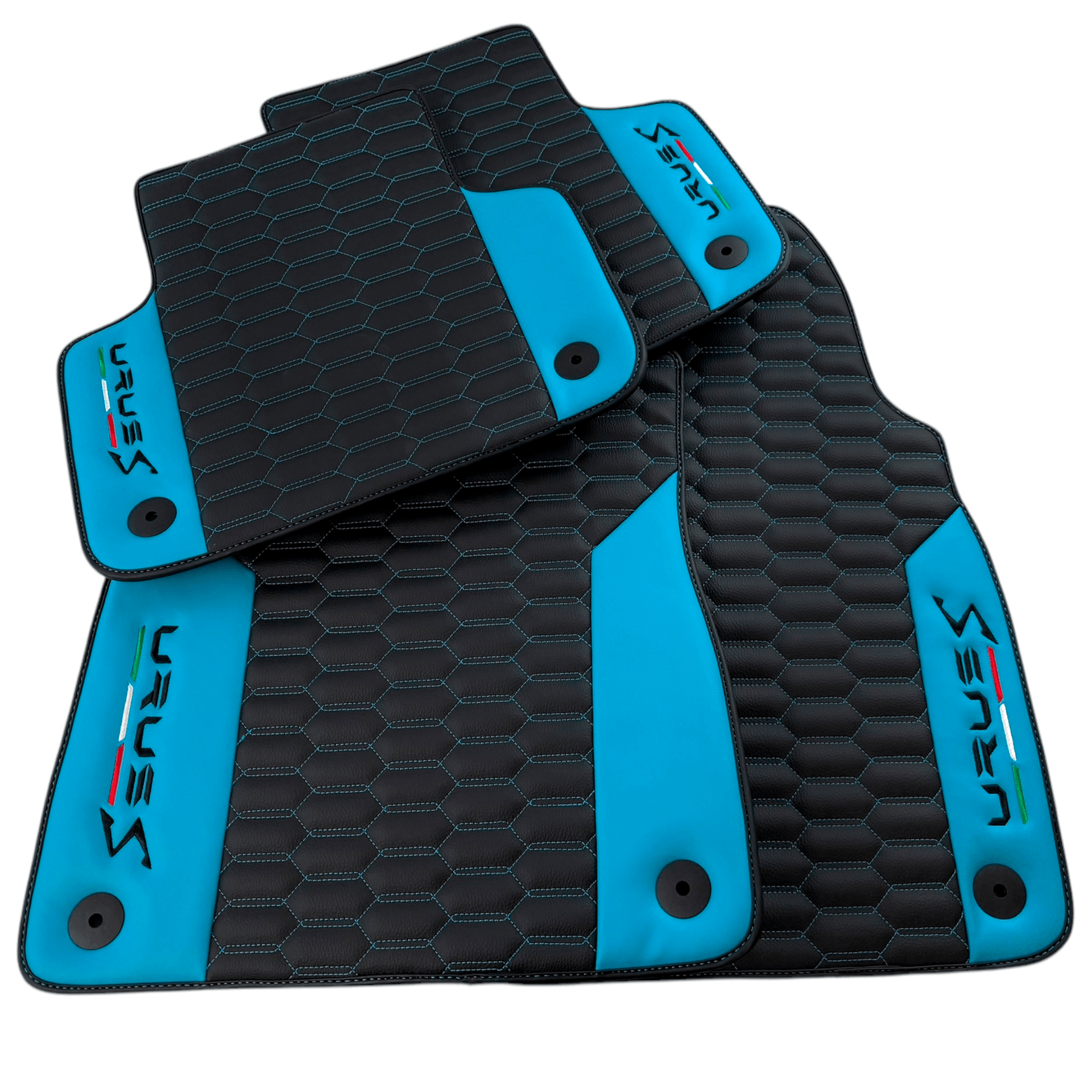 Black Leather Floor Mats for Lamborghini Urus S with Sky Blue Leather Accent