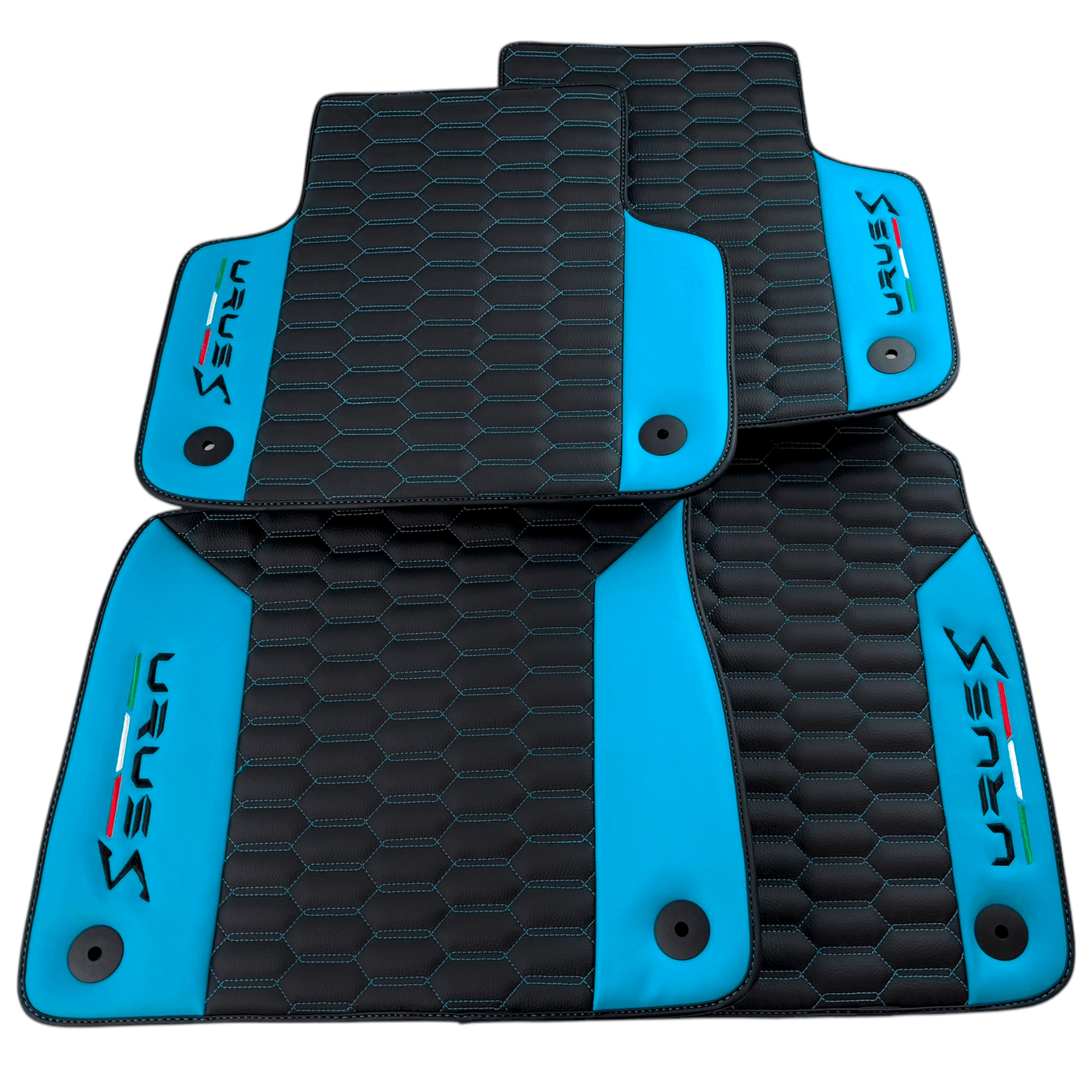Black Leather Floor Mats for Lamborghini Urus S with Sky Blue Leather Accent