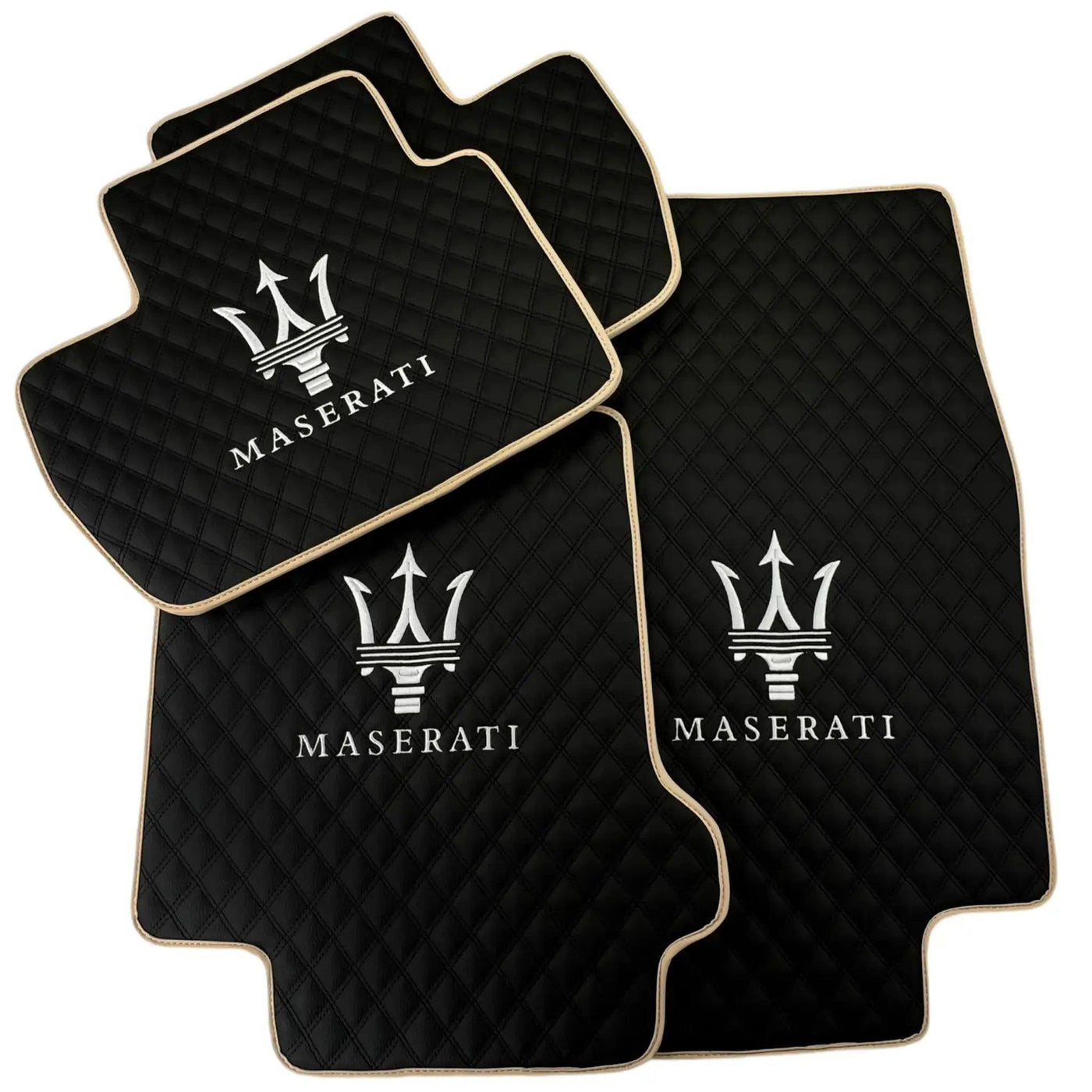 Black Stitched Leather Floor Mats with Logo for Maserati GranTurismo MC Stradale (2011-2015) | Beige Trim - AutoWin
