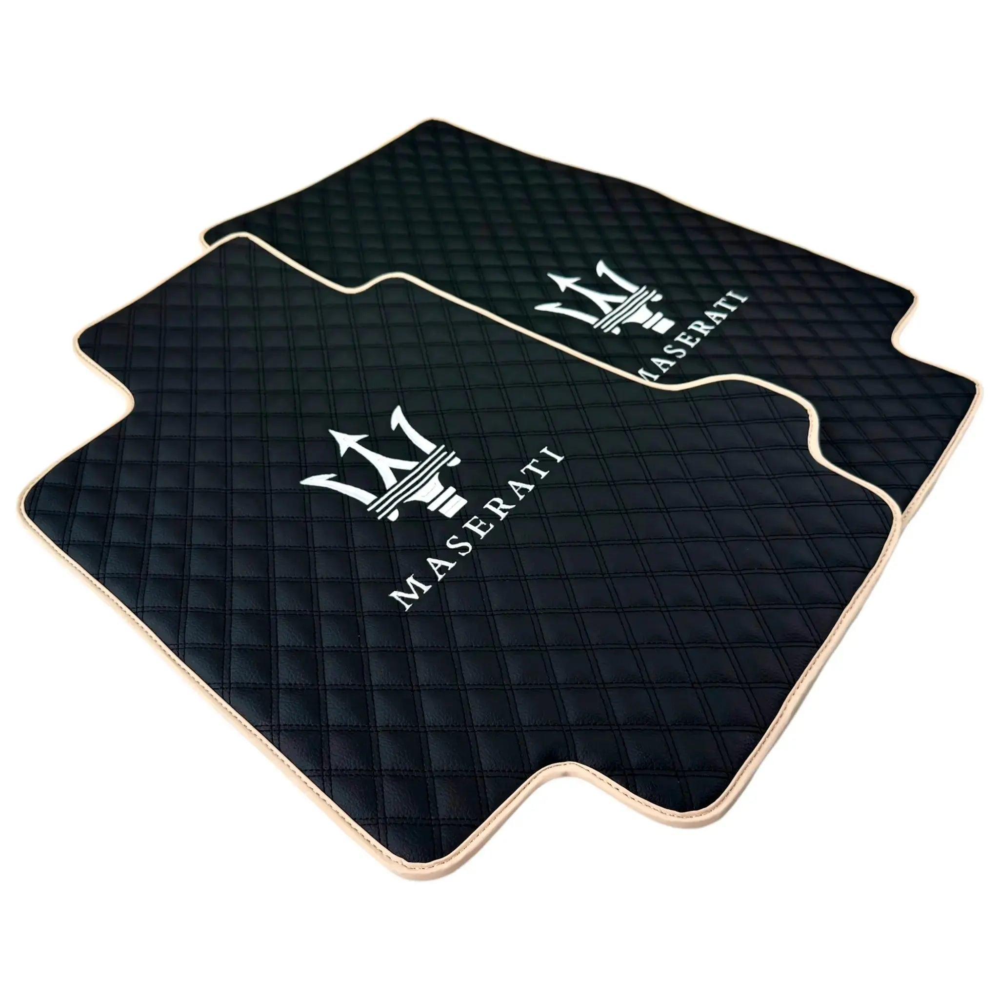 Black Stitched Leather Floor Mats with Logo for Maserati GranTurismo MC (2009-2010) | Beige Trim - AutoWin