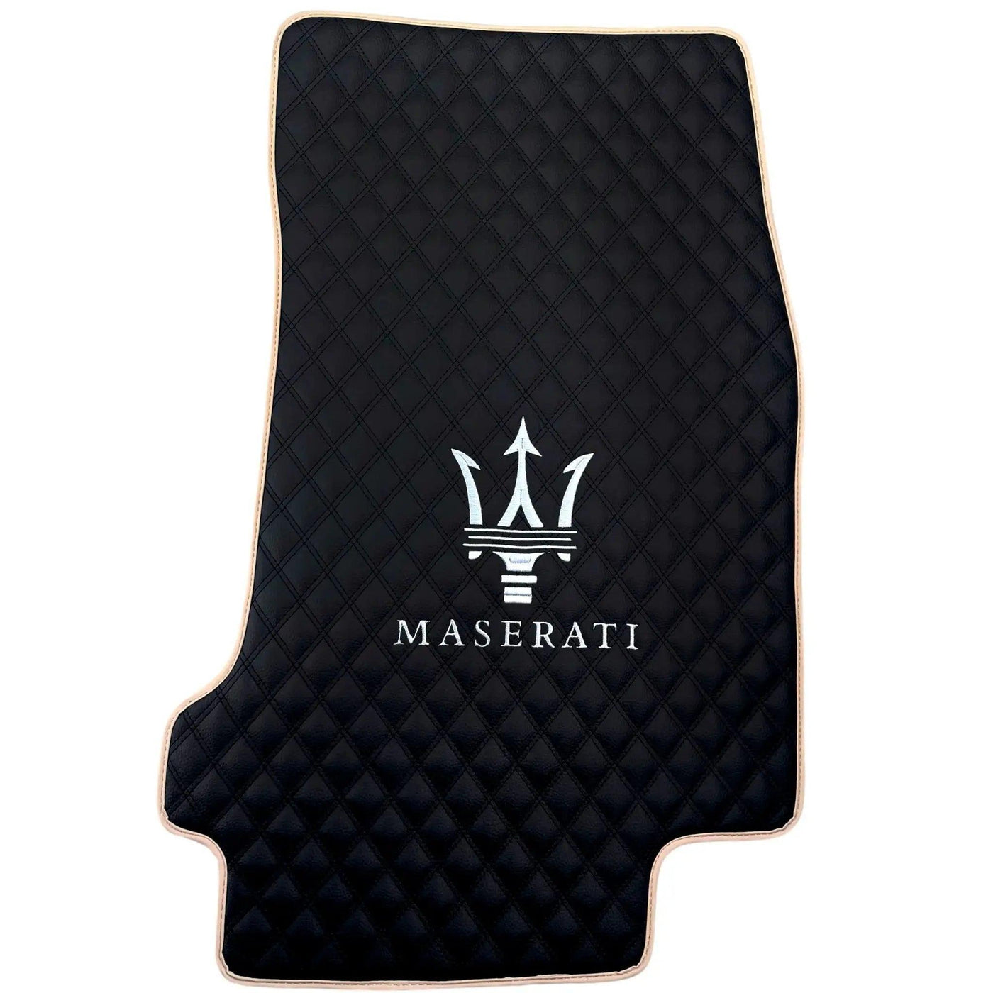 Black Stitched Leather Floor Mats with Logo for Maserati GranTurismo Sport (2012-2019) | Beige Trim - AutoWin