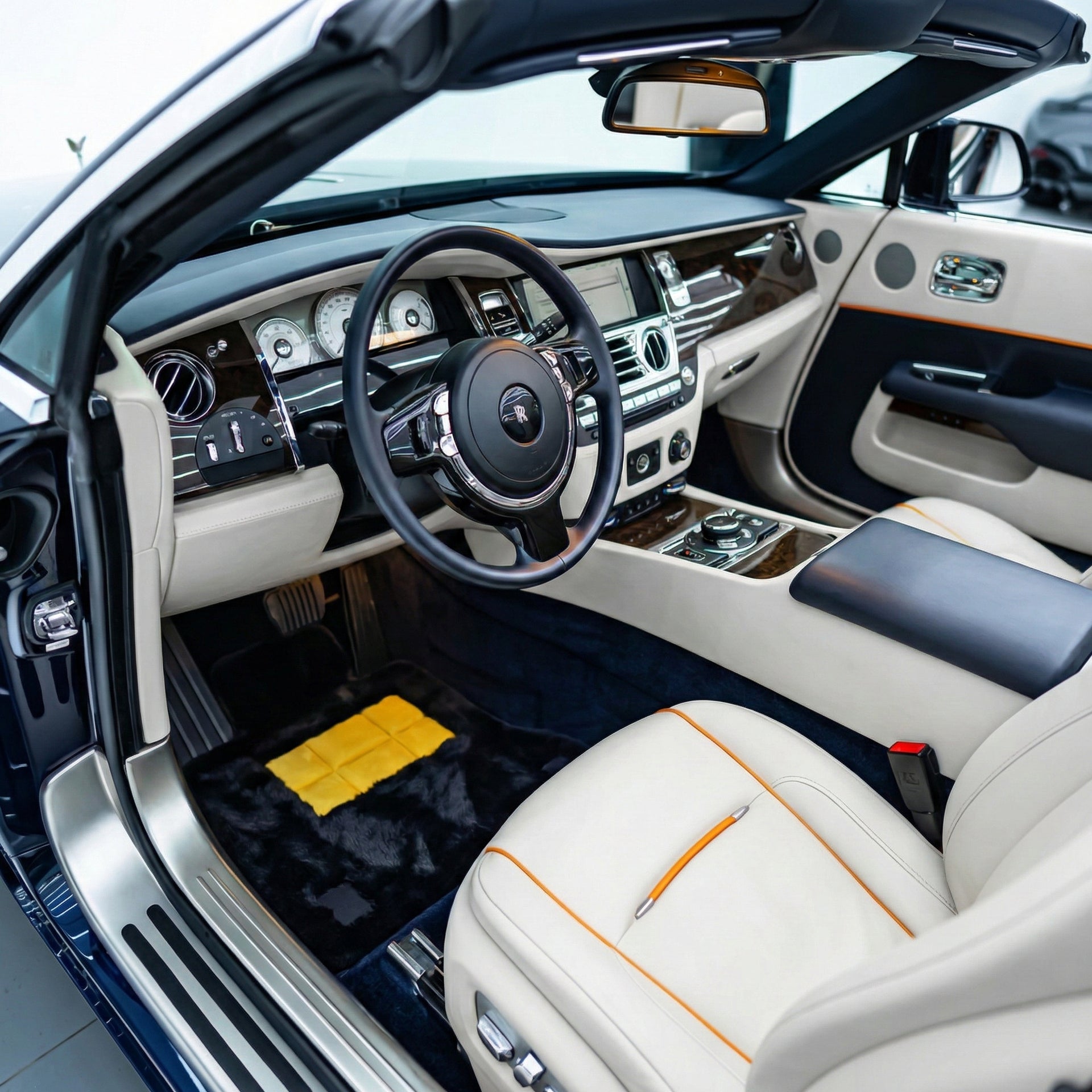 Black Floor Mats for Rolls Royce Dawn (2016-2023) with White Leather - AutoWin