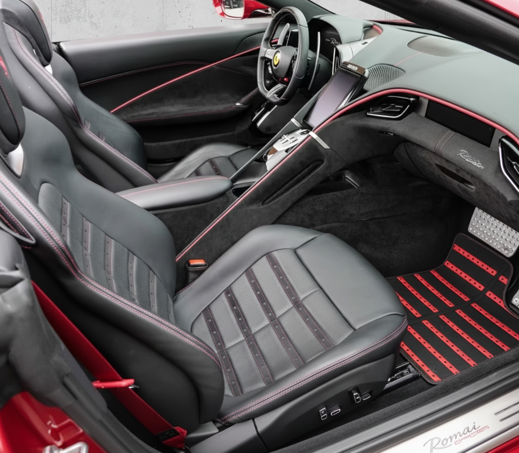 Carbon Fiber Leather Floor Mats For Ferrari Roma (2021-2024) - AutoWin.EU