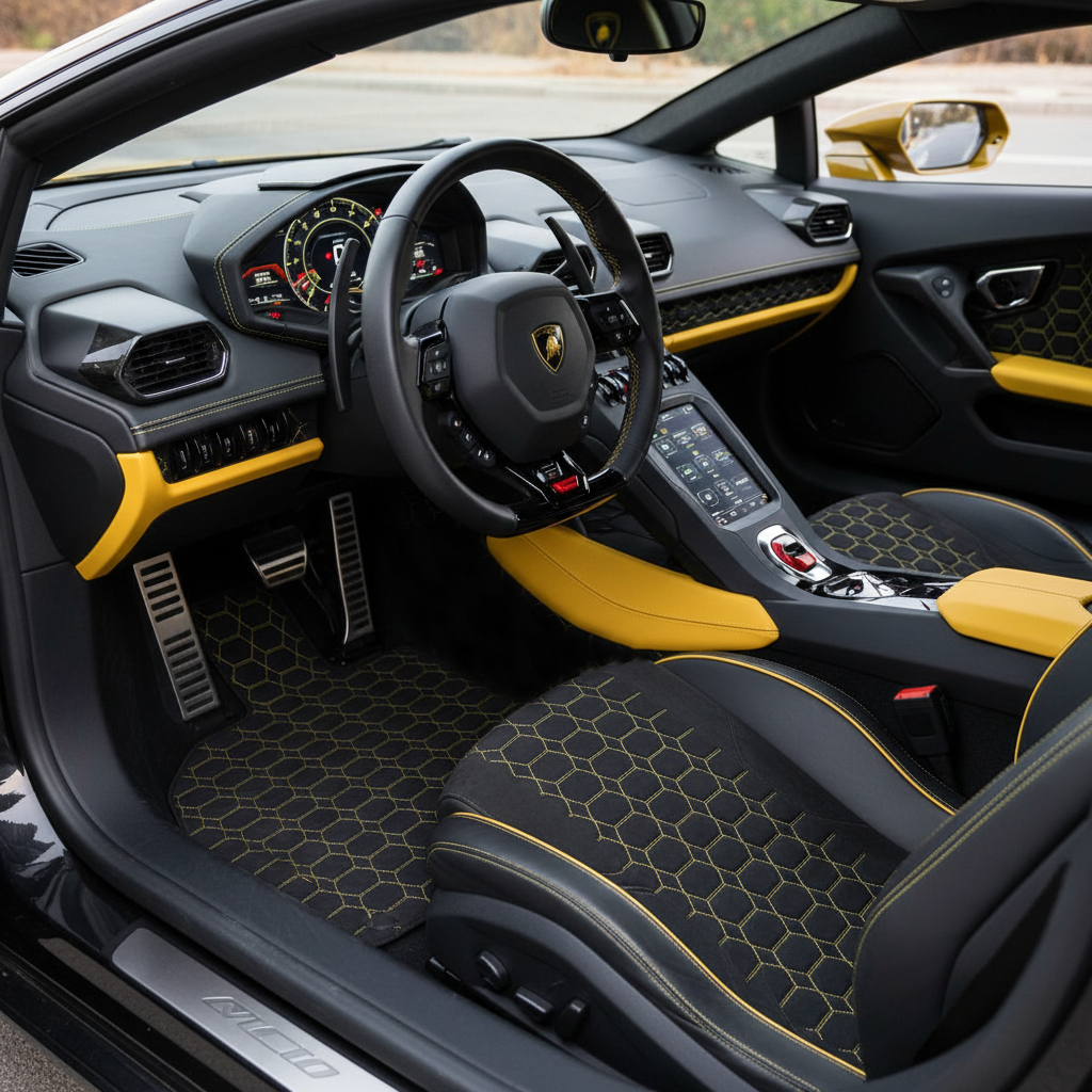 Customizable Leather Floor Mats with Symmetrical Hex Pattern for Lamborghini Huracan Tecnica (2022-2024) - AutoWin