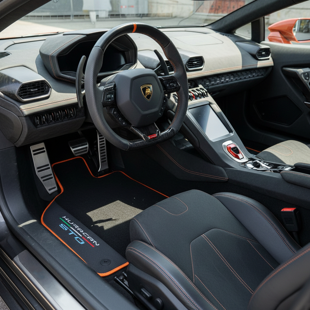 Black Floor Mats for Lamborghini Huracan STO With Black Leather and Orange Trim
