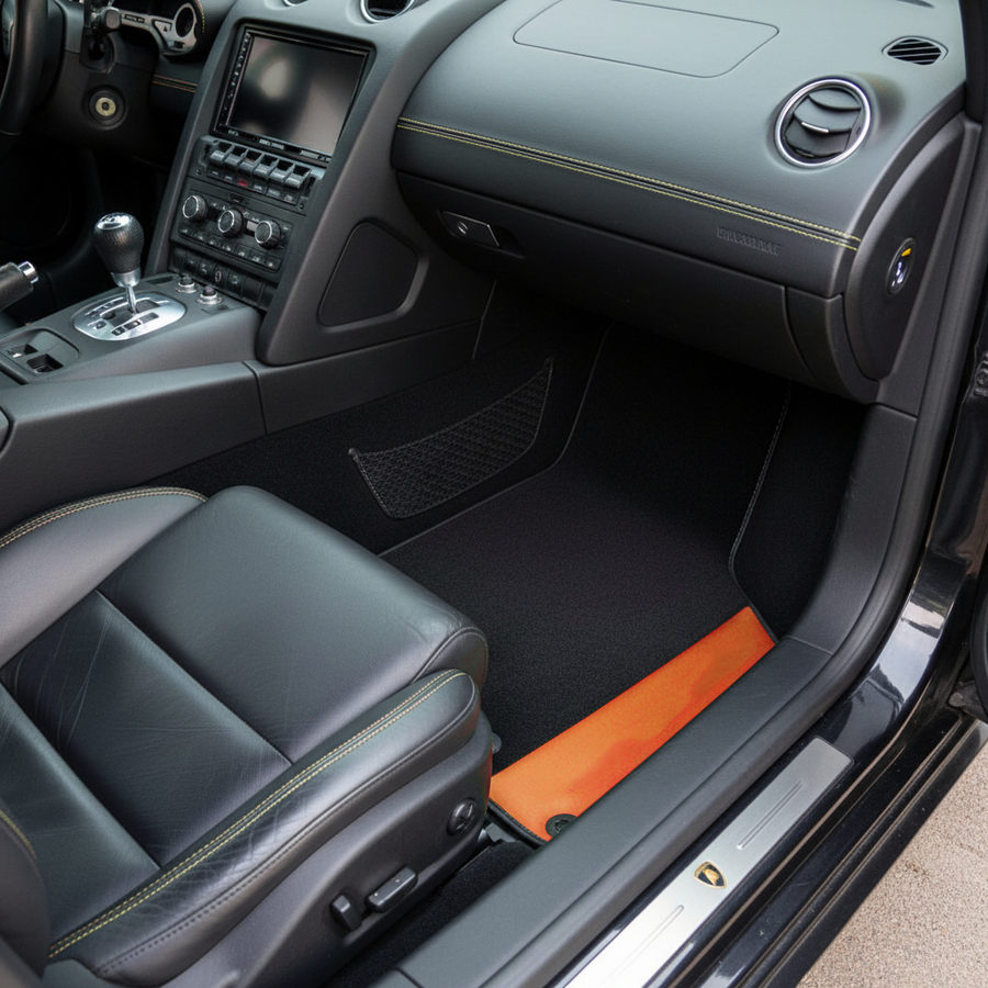 Custom Black Floor Mats for Lamborghini Gallardo With Orange Alcantara Leather