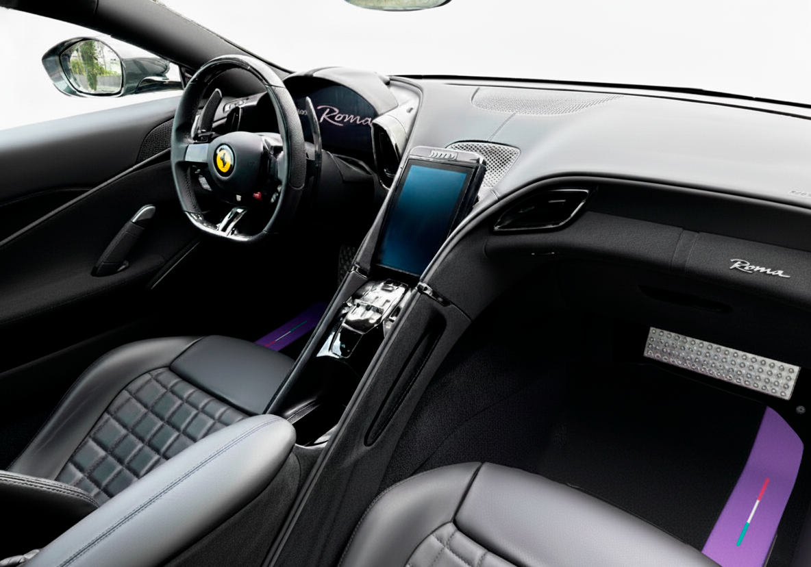 Black Floor Mats for Ferrari Roma (2021-2024) with Purple Leather | Italian Edition - AutoWin