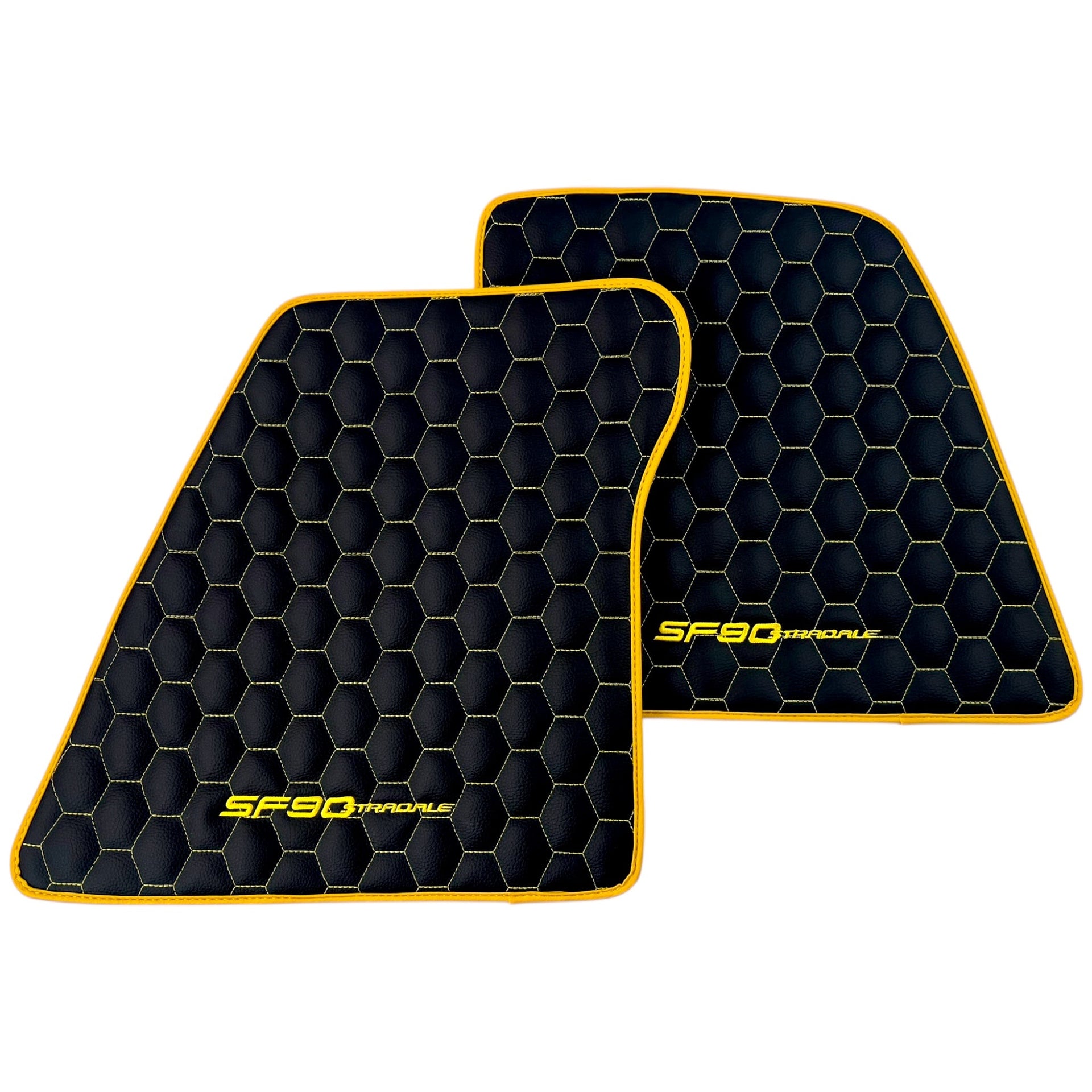 Black Leather Floor Mats for Ferrari SF90 Stradale (2019-2024) with Symmetrical Hex Pattern