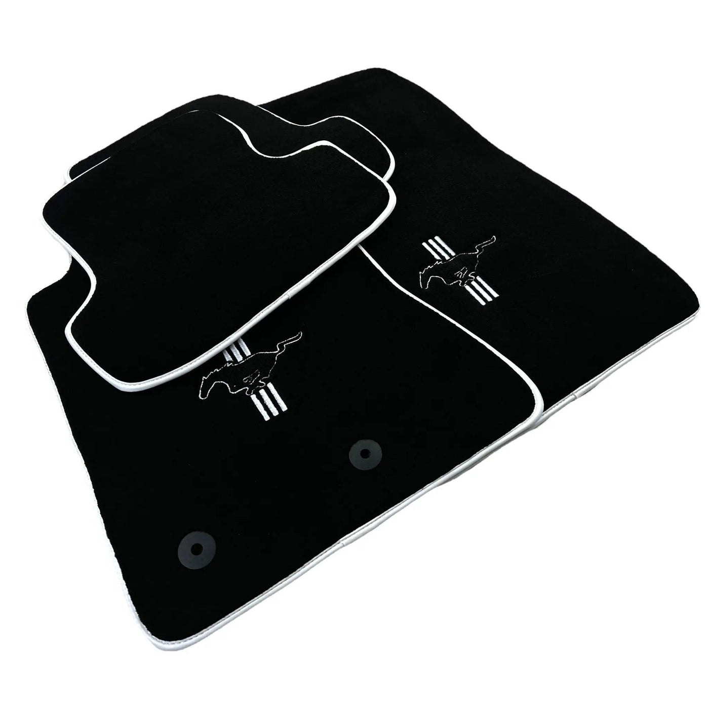 Black Floor Mats with White Trim For Ford Mustang VI (2015-2023) With Pony - AutoWin
