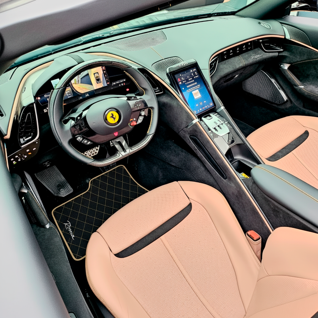 Carbon Fiber Leather Floor Mats For Ferrari Roma (2021-2024) - AutoWin.EU