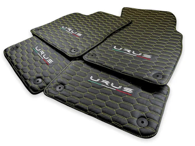 Floor Mats For Lamborghini Urus Leather Yellow Stitching - AutoWin